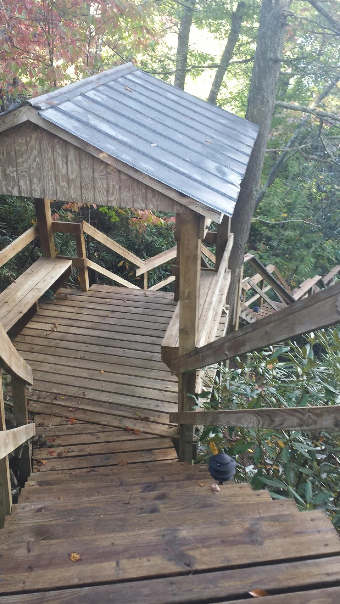 Metal roofed shelter over wooden steps on a wooded walkway — Skylight Repair & Installation work by our crew in Felda